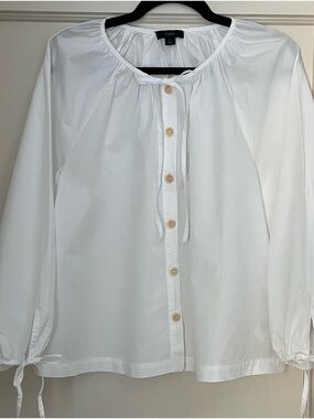 J. Crew White Cotton Button-Front Peasant Blouse, Size L